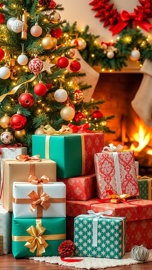 A collection of colorful Christmas gifts under a tree with lights and decorations.
